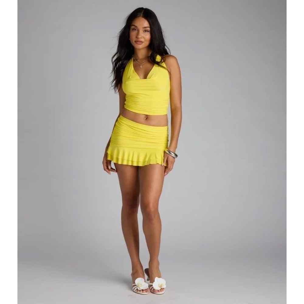 Windsor Yellow Ruched Halter Top and Ruffle Mini Skirt Set 17553ST-T XS
